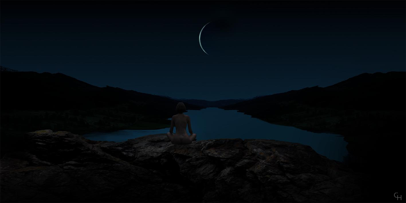 Cees Heijdel - Nacht 3.<br>Afmeting 50x25cm 300 dpi. - maanstand; maanmaand; Contemporary Imaginary Realism; Magisch Realistische Fotomanipulaties; cees heijdel; droomlandschappen; dreamscapes