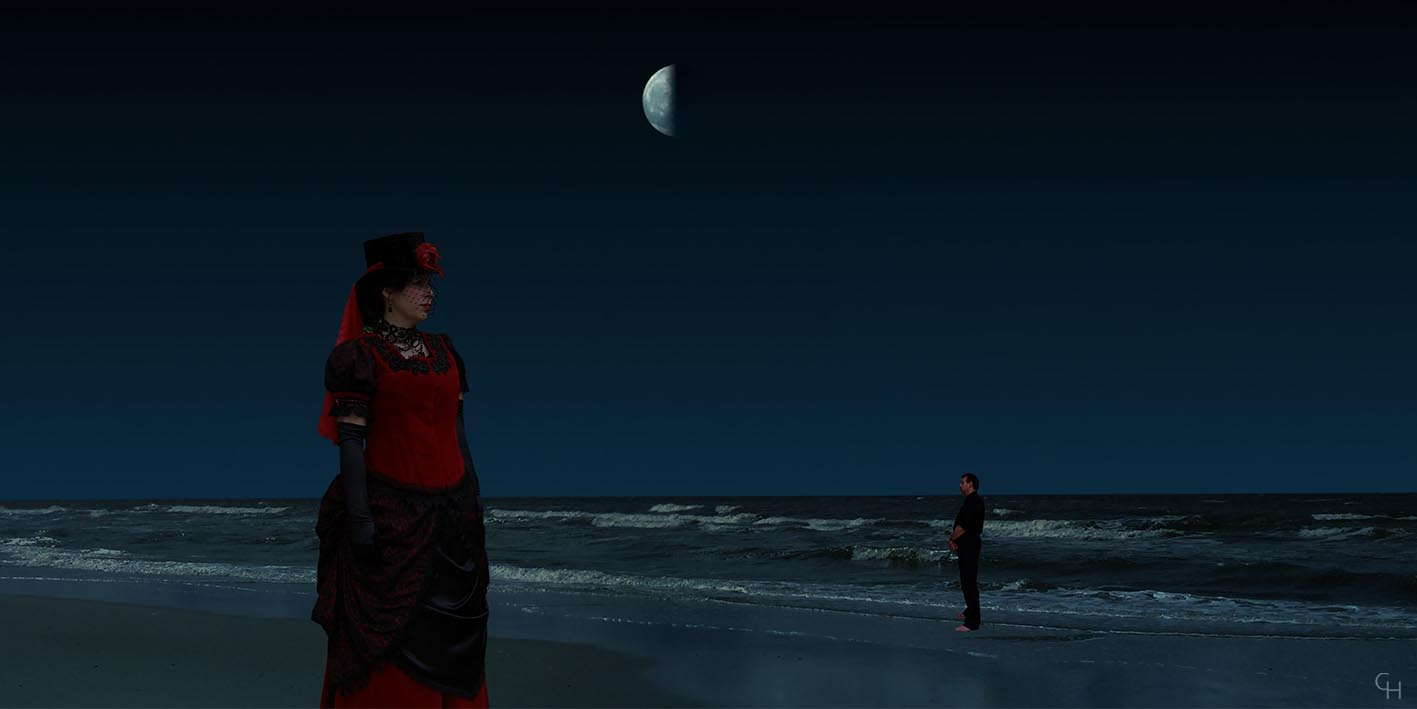 Cees Heijdel - Nacht 10.<br>Afmeting 50x25cm 300 dpi. - maanstand; maanmaand; Contemporary Imaginary Realism; Magisch Realistische Fotomanipulaties; cees heijdel; droomlandschappen; dreamscapes