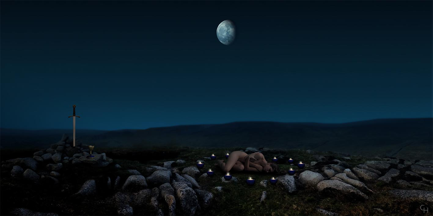 Cees Heijdel - Nacht 12.<br>Afmeting 50x25cm 300 dpi. Model #6. - maanstand; maanmaand; Contemporary Imaginary Realism; Magisch Realistische Fotomanipulaties; cees heijdel; droomlandschappen; dreamscapes