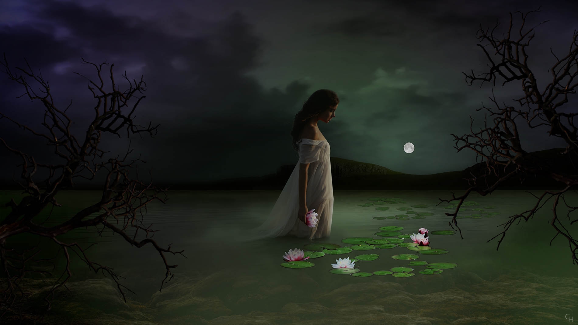 Cees Heijdel - Ophelia de geliefde van Hamlet<br>Afmeting 50X90 cm 300 dpi. Model #03 - ophelia;Contemporary Imaginary Realism; Magisch Realistische Fotomanipulaties; cees heijdel; droomlandschappen; dreamscapes; digitalartwork; magickart; magicalrealism; digitalart; Contemporary Imaginary Realism; Magisch Realistische Fotomanipulaties; dreamscapes; digitalartwork; magickart; magicalrealism; digitalart;